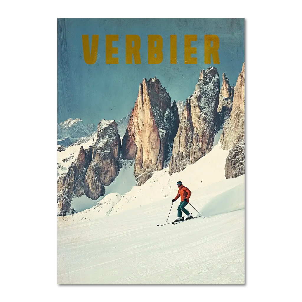 Verbier - Alpine Thrill - Poster featuring a skier on snowy slope with rocky peaks in background.