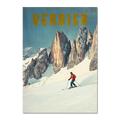 Verbier - Alpine Thrill - Poster featuring a skier on snowy slope with rocky peaks in background.