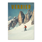 Verbier - Alpine Thrill - Poster featuring a skier on snowy slope with rocky peaks in background.