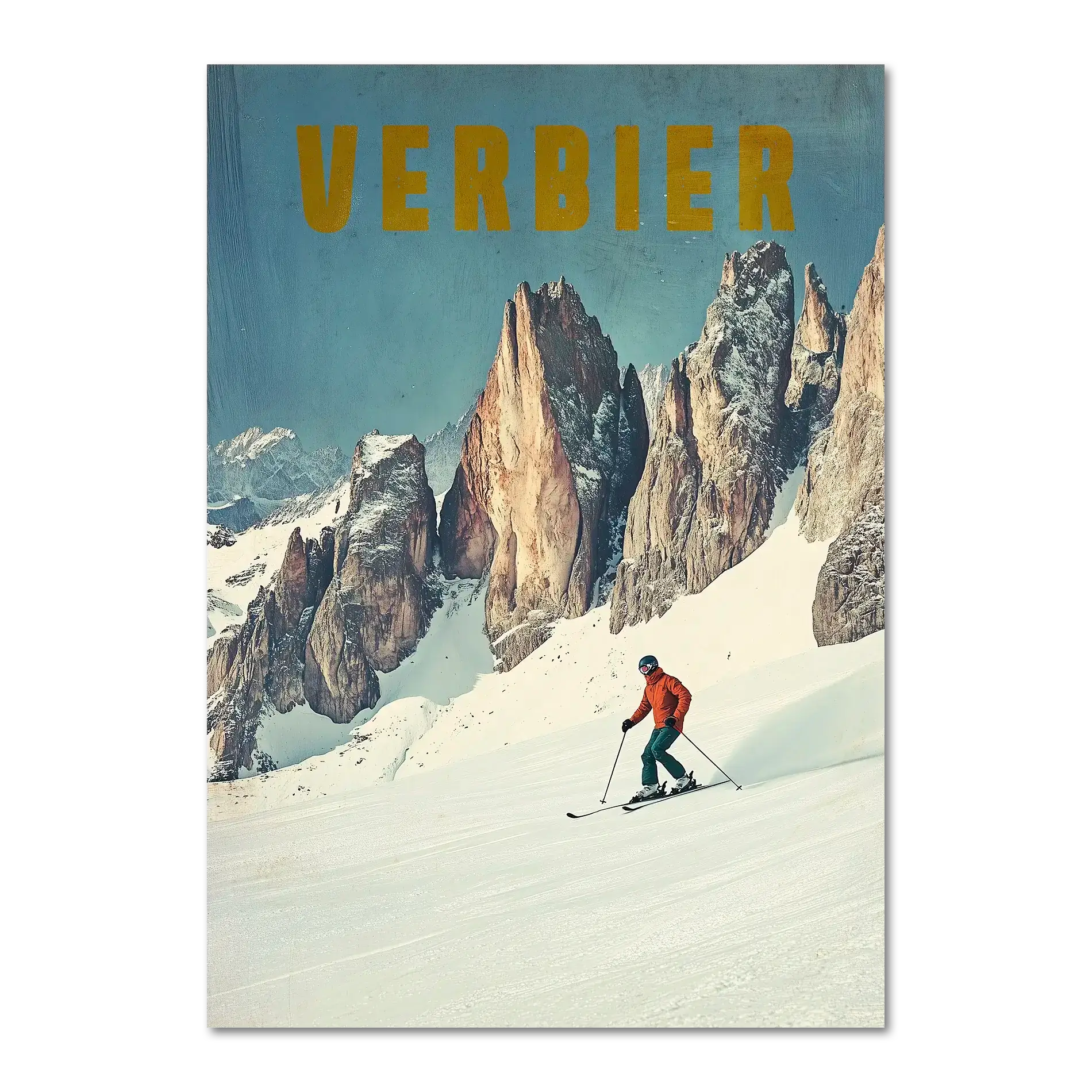 Verbier - Alpine Thrill - Poster featuring a skier on snowy slope with rocky peaks in background.
