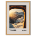 Verbier - Altitude- 1500m - Poster depicting warm alpine sunset through gondola window overlooking snowy hills.