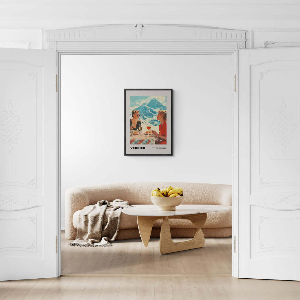 Verbier - Where elegance embraces adventure - Poster displayed in a stylish living room setting with modern decor.
