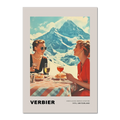 Verbier - Where elegance embraces adventure - Poster featuring women dining in the mountains, showcasing alpine luxury.
