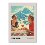 Verbier - Where elegance embraces adventure - Poster featuring women dining in the mountains, showcasing alpine luxury.