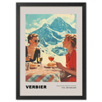 Verbier - Where elegance embraces adventure - Poster featuring two women dining in the Swiss mountains.