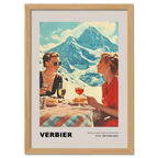 Verbier - Where elegance embraces adventure - Poster featuring two women dining in the Swiss mountains, elegant alpine lifestyle.