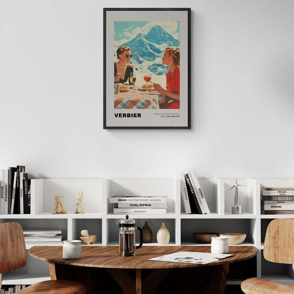 Verbier - Where elegance embraces adventure - Poster showcasing women enjoying lunch in mountains.