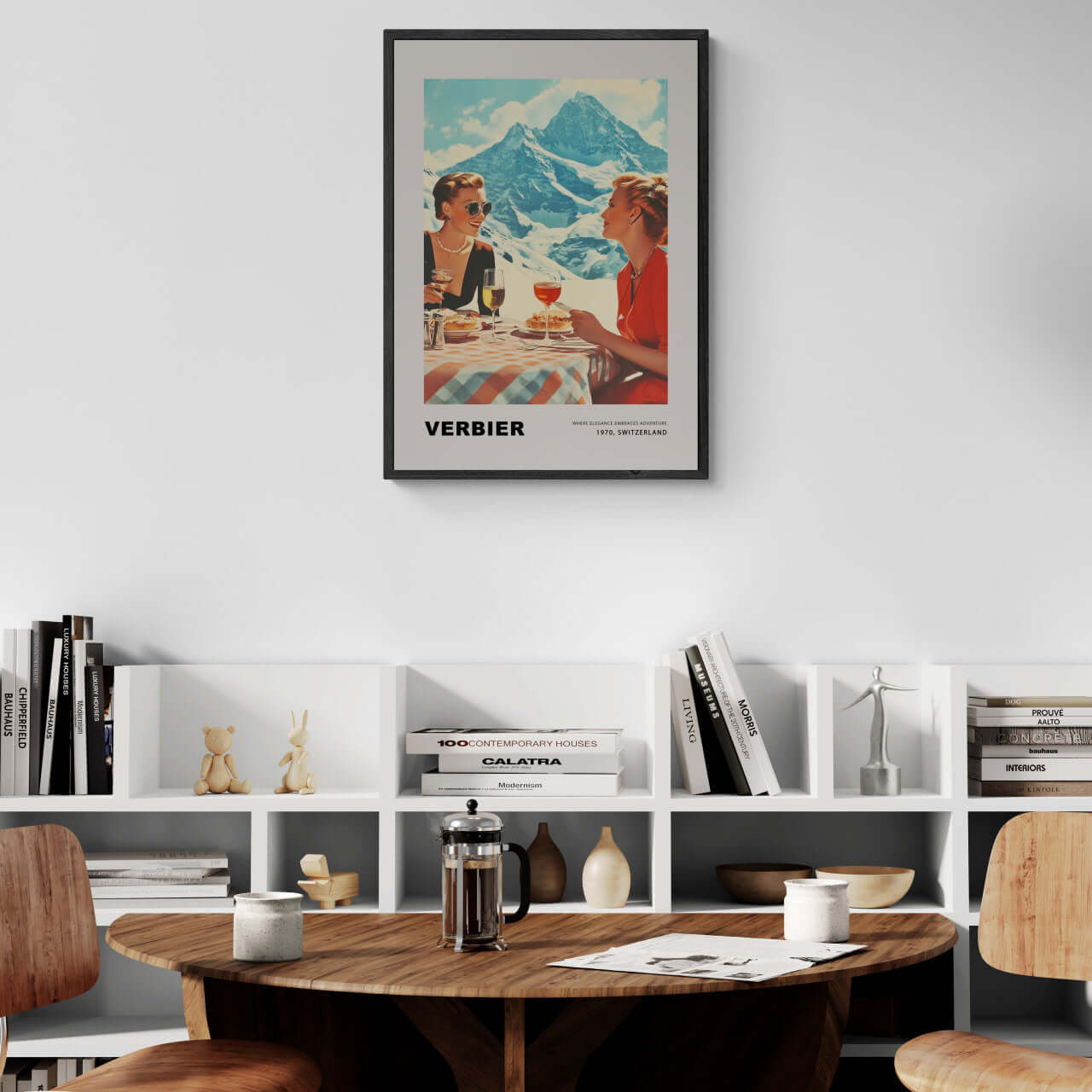 Verbier - Where elegance embraces adventure - Poster showcasing women enjoying lunch in mountains.
