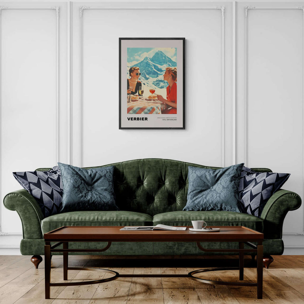 Verbier - Where elegance embraces adventure - Poster displayed above a stylish green sofa, enhancing the elegant alpine decor.