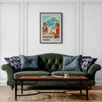 Verbier - Where elegance embraces adventure - Poster displayed above a stylish green sofa, enhancing the elegant alpine decor.