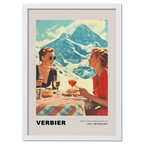 Verbier - Where elegance embraces adventure - Poster depicting two women dining outdoors in snowy mountains.