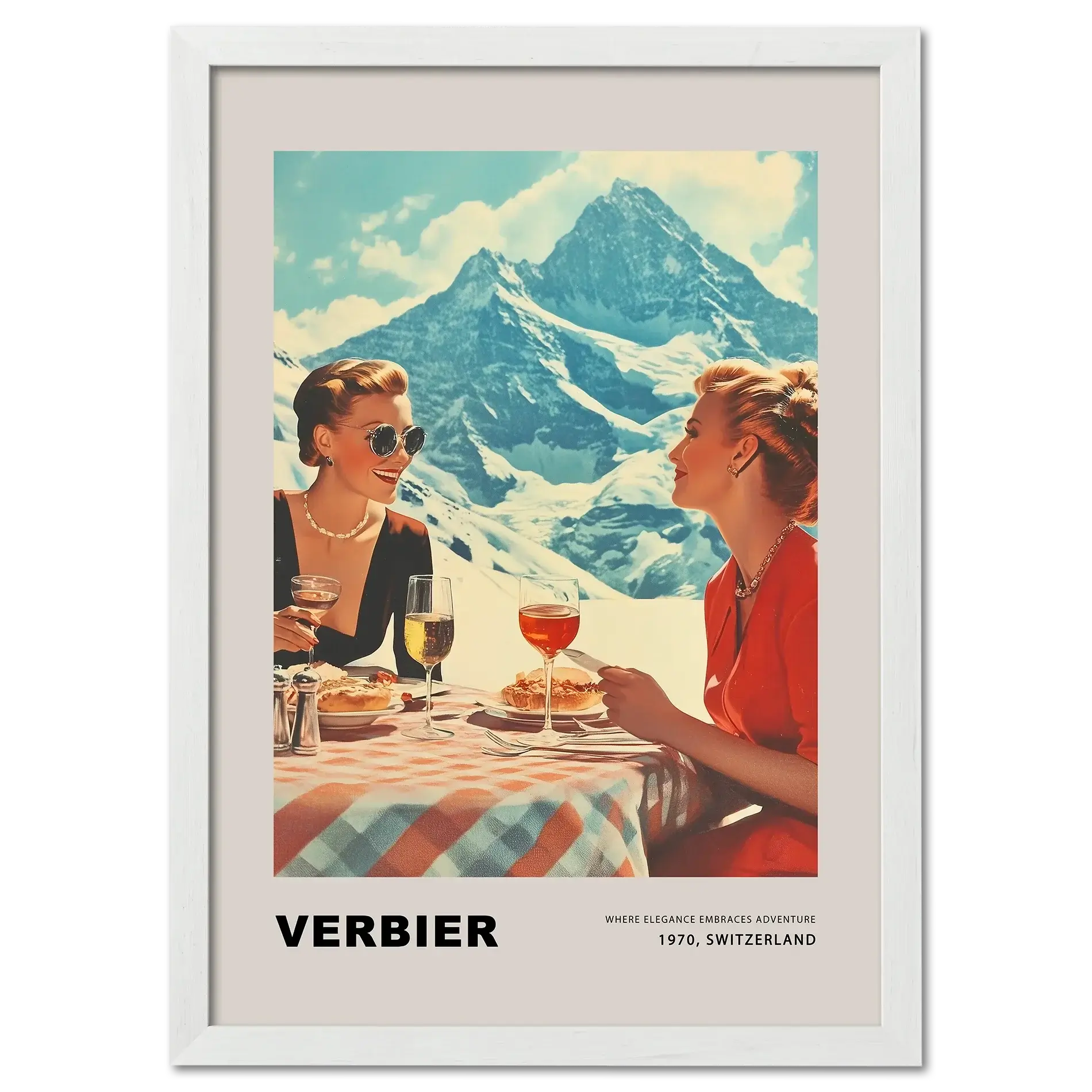 Verbier - Where elegance embraces adventure - Poster depicting two women dining outdoors in snowy mountains.