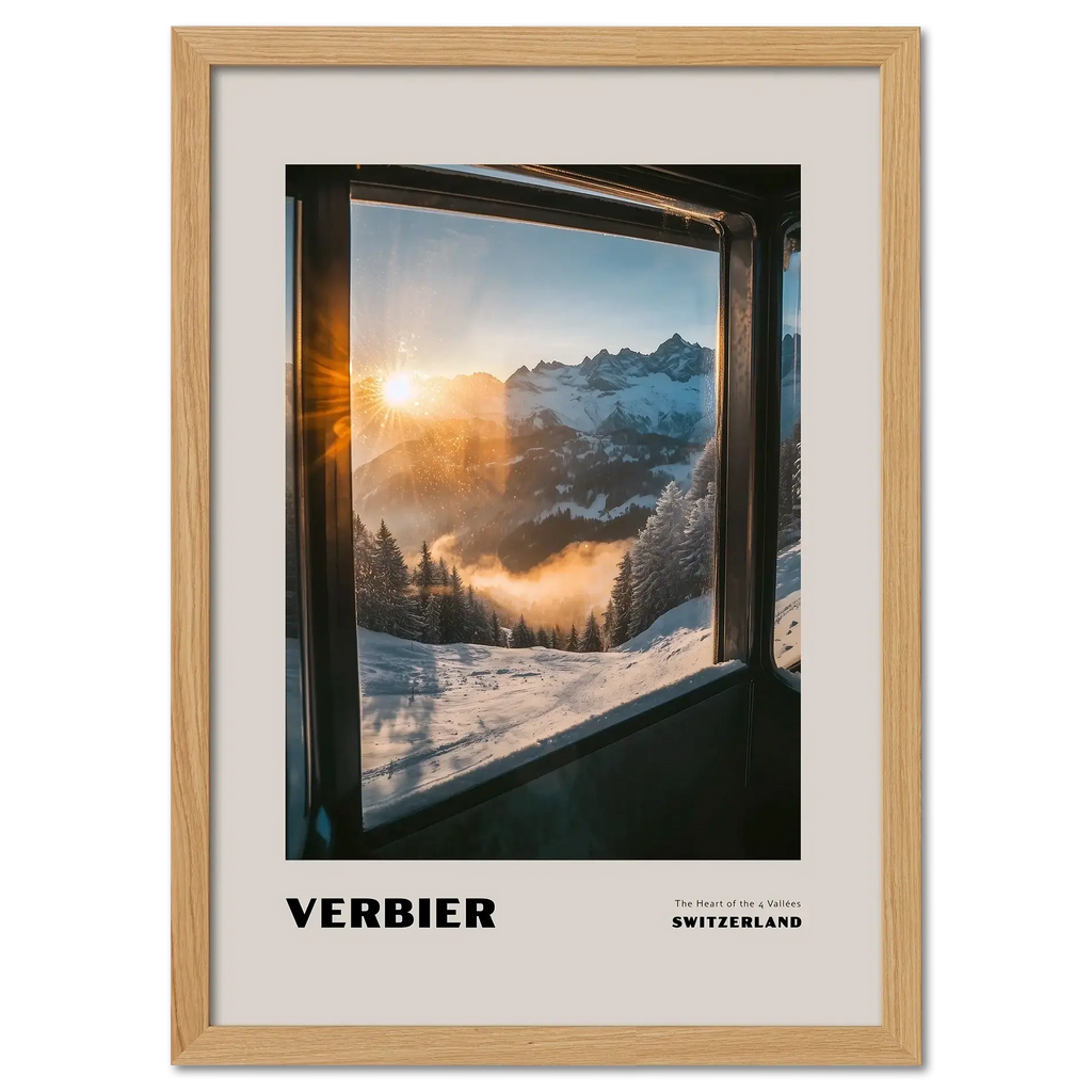 Verbier - The Heart of the 4 Vallées - Poster showing golden sunrise over snowy mountains viewed from a mountain lift.