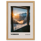 Verbier - The Heart of the 4 Vallées - Poster showing golden sunrise over snowy mountains viewed from a mountain lift.