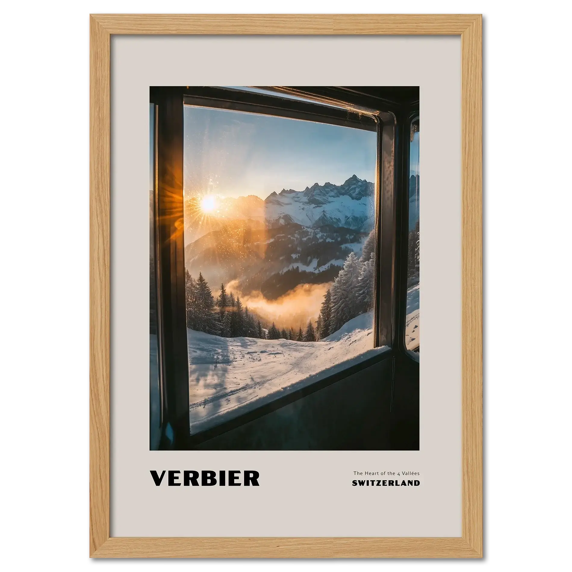 Verbier - The Heart of the 4 Vallées - Poster showing golden sunrise over snowy mountains viewed from a mountain lift.