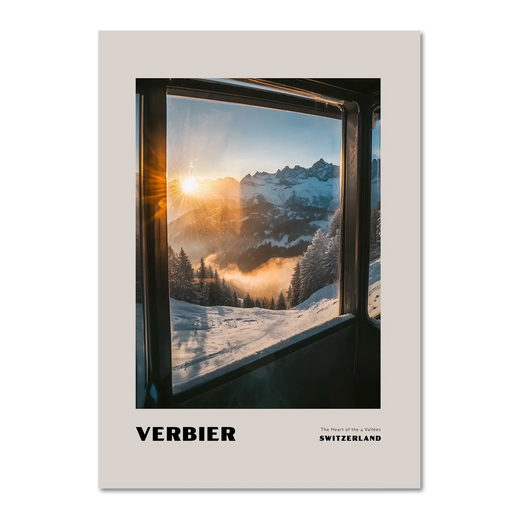 Verbier - The Heart of the 4 Vallées - Poster featuring a sunrise view over snowy mountains through a lift window.
