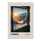 Verbier - The Heart of the 4 Vallées - Poster featuring a sunrise view over snowy mountains through a lift window.