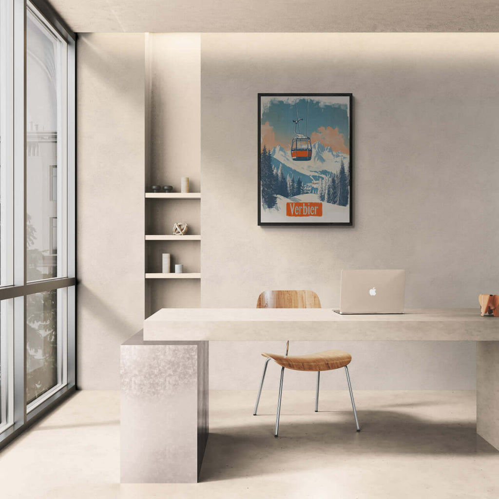 Verbier - Gondola Heights - Poster displayed in a modern office setting with large windows.