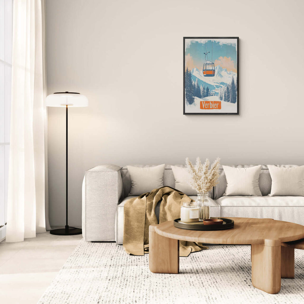 Living room featuring Verbier - Gondola Heights - Poster wall art above a stylish coffee table.