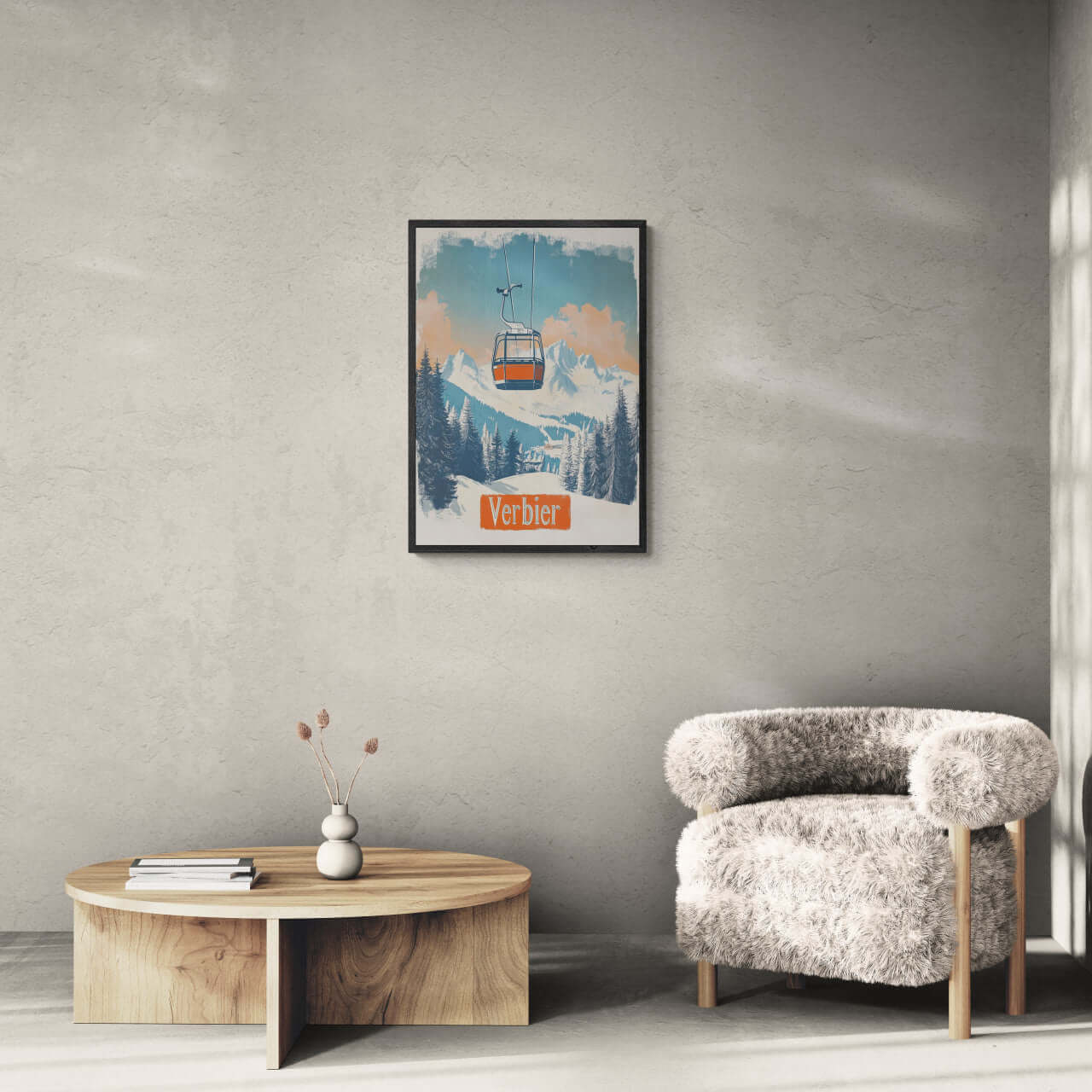 Verbier - Gondola Heights - Poster displayed in a cozy living room with a wooden table and plush chair.