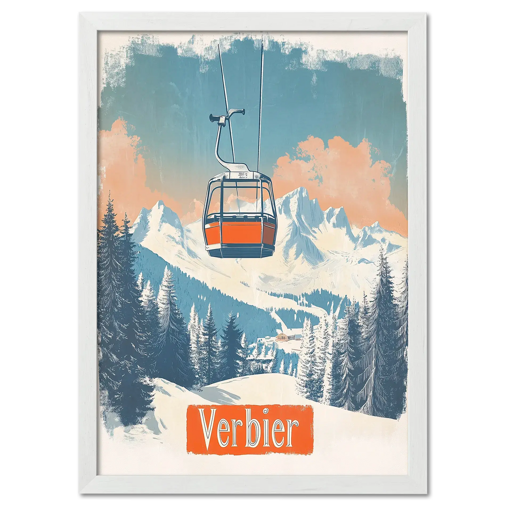 Verbier - Gondola Heights - Poster featuring a gondola above snowy mountains and trees, capturing a peaceful alpine scene.