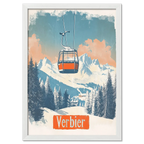 Verbier - Gondola Heights - Poster featuring a gondola above snowy mountains and trees, capturing a peaceful alpine scene.