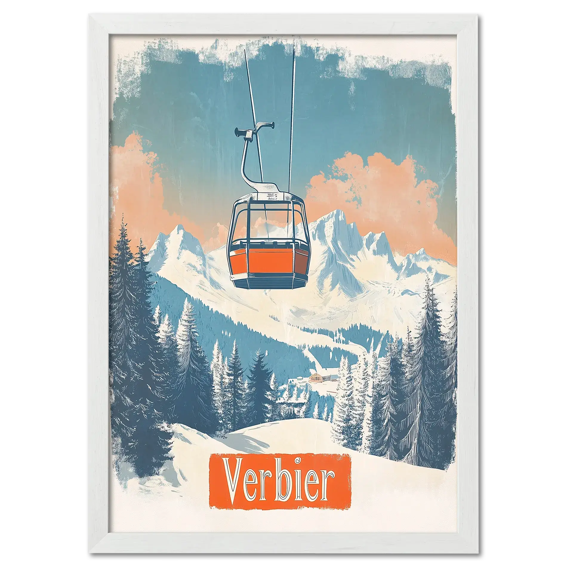 Verbier - Gondola Heights - Poster featuring a gondola above snowy mountains and trees, capturing a peaceful alpine scene.