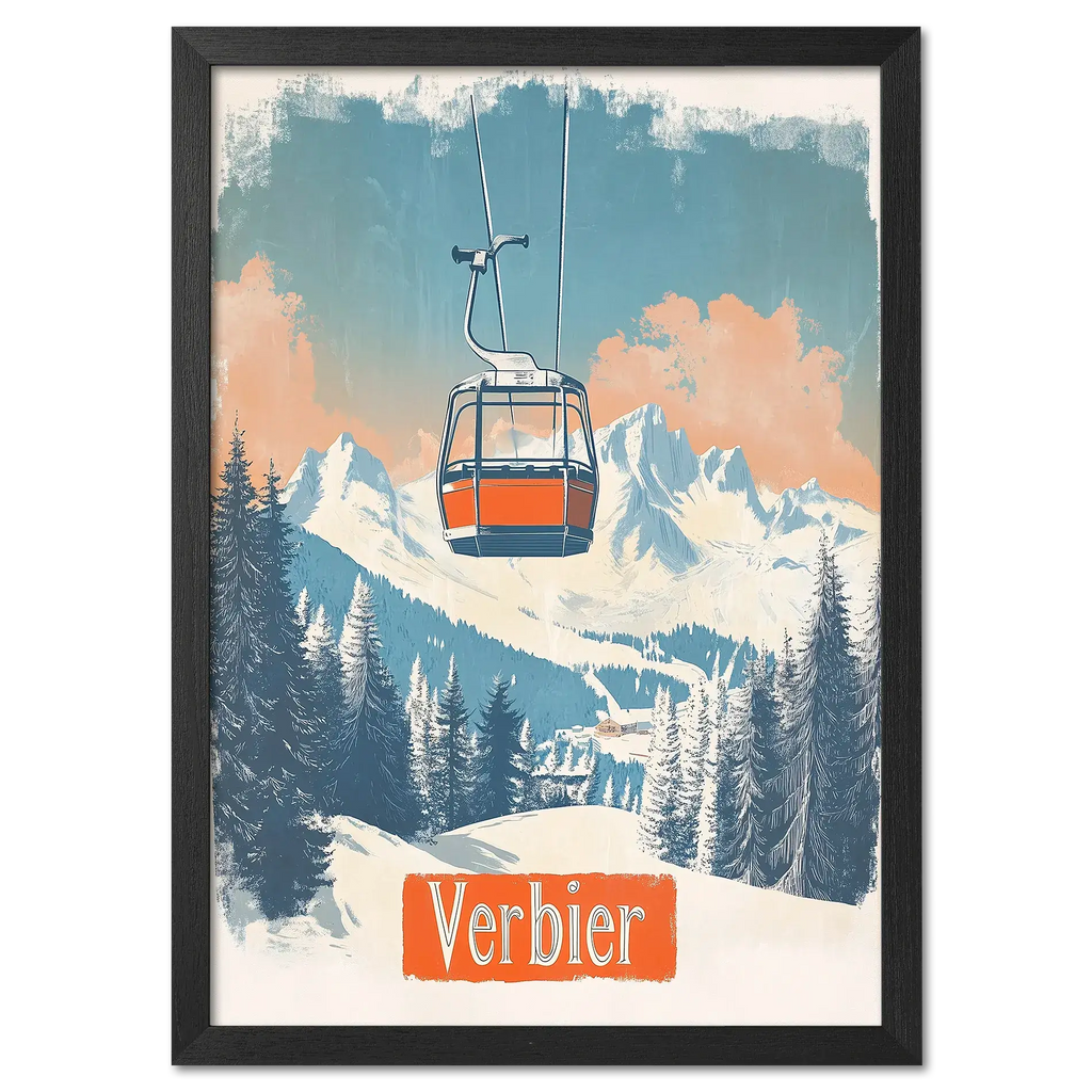 Verbier - Gondola Heights - Poster featuring a gondola above snowy mountains and trees, capturing a serene alpine scene.