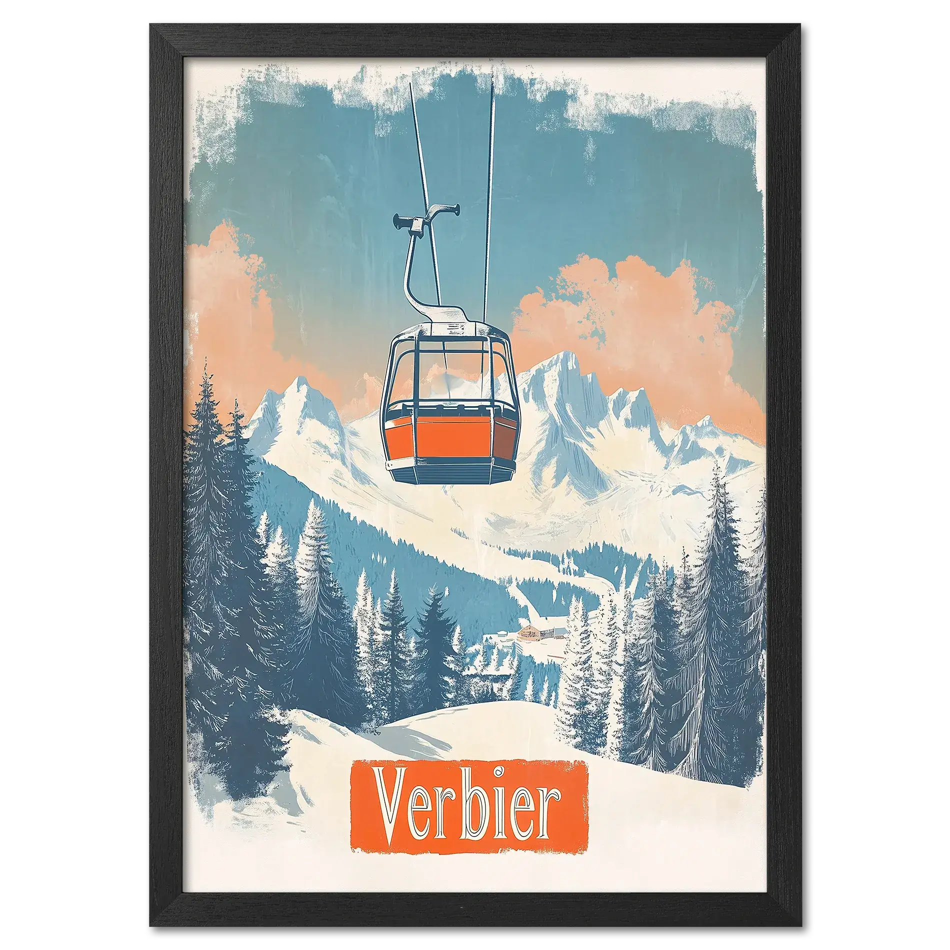Verbier - Gondola Heights - Poster featuring a gondola above snowy mountains and trees, capturing a serene alpine scene.