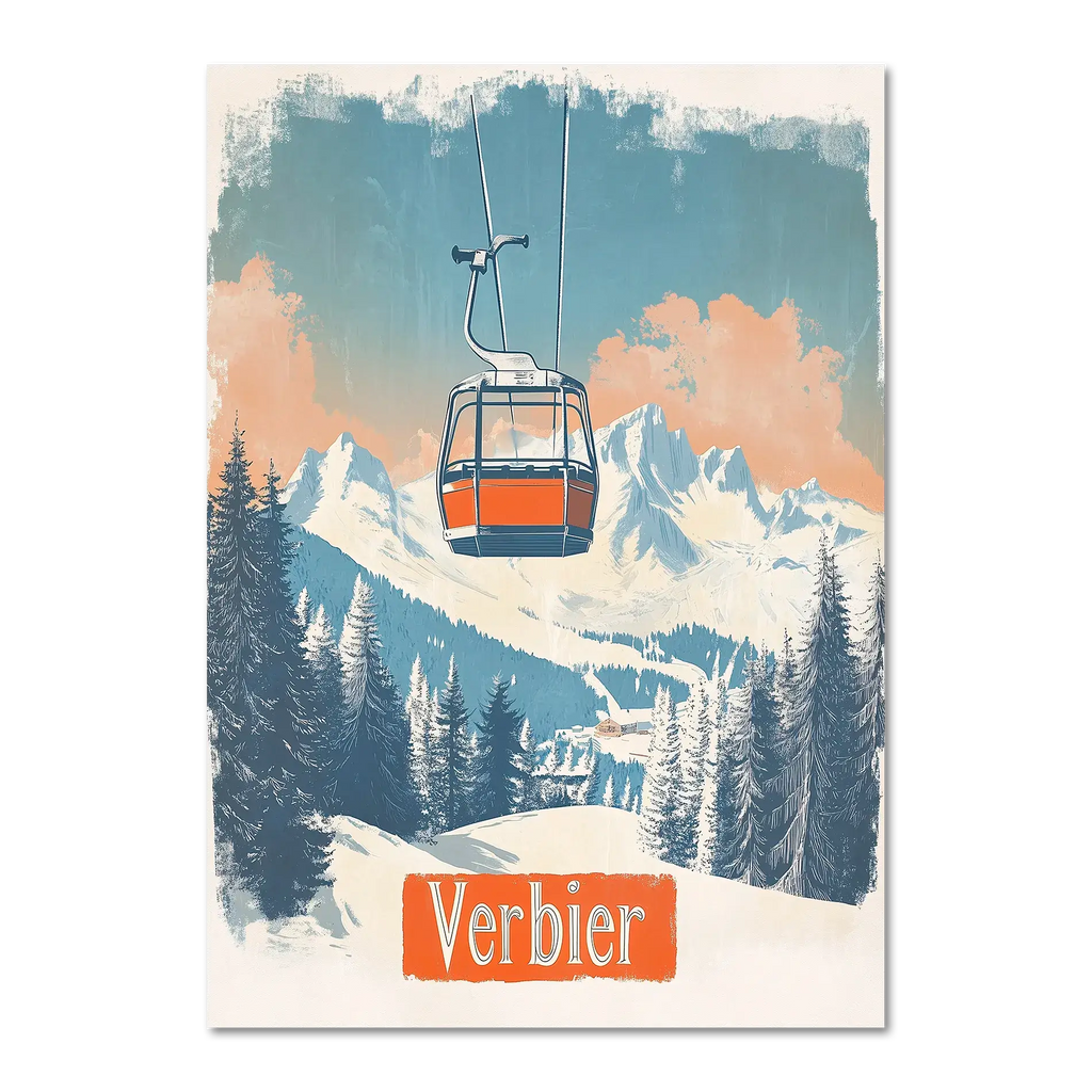 Verbier - Gondola Heights - Poster featuring a gondola above snowy mountains and alpine forests.