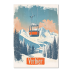 Verbier - Gondola Heights - Poster featuring a gondola above snowy mountains and alpine forests.