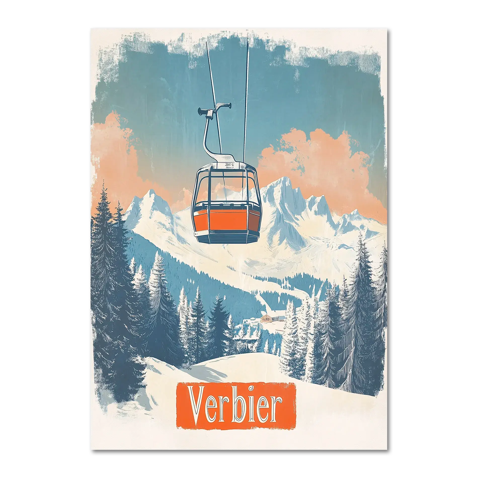 Verbier - Gondola Heights - Poster featuring a gondola above snowy mountains and alpine forests.
