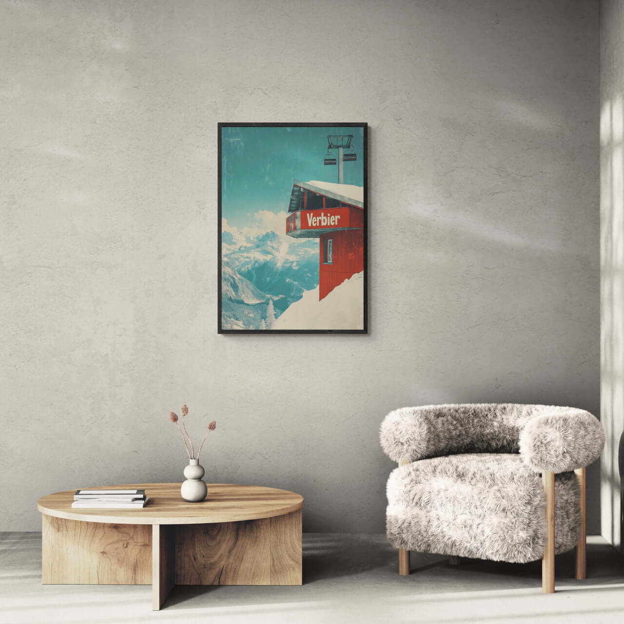 Verbier - Gondola View - Poster displayed in a modern home setting, featuring wall art on a gray wall.