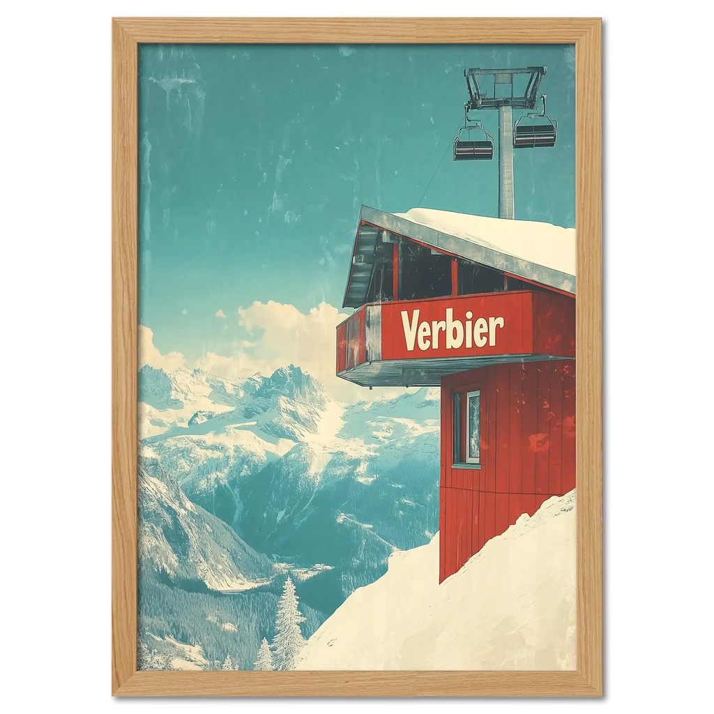 Verbier - Gondola View - Poster showcasing red gondola station amidst snowy mountains and alpine valleys.
