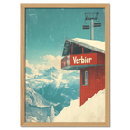 Verbier - Gondola View - Poster showcasing red gondola station amidst snowy mountains and alpine valleys.