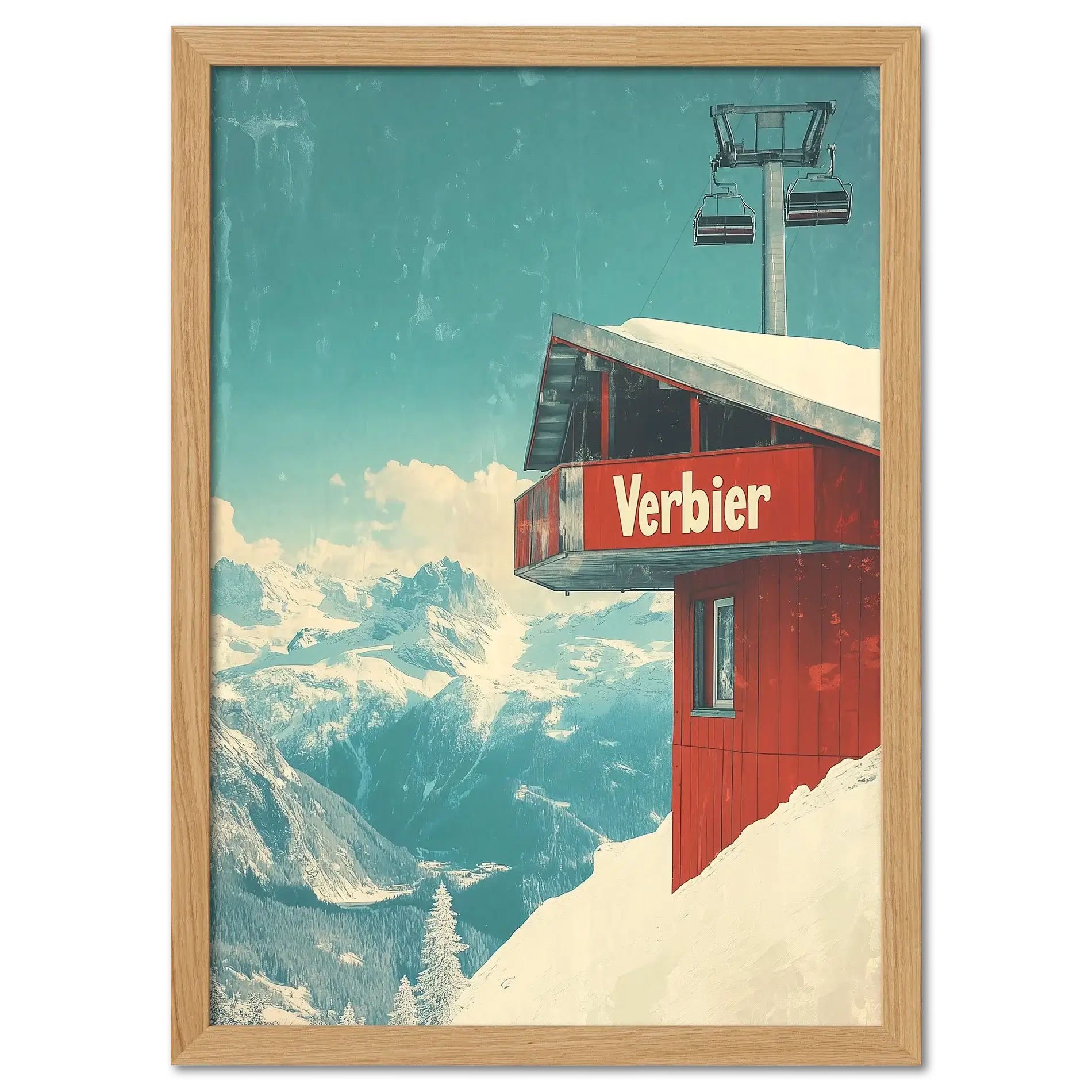 Verbier - Gondola View - Poster showcasing red gondola station amidst snowy mountains and alpine valleys.