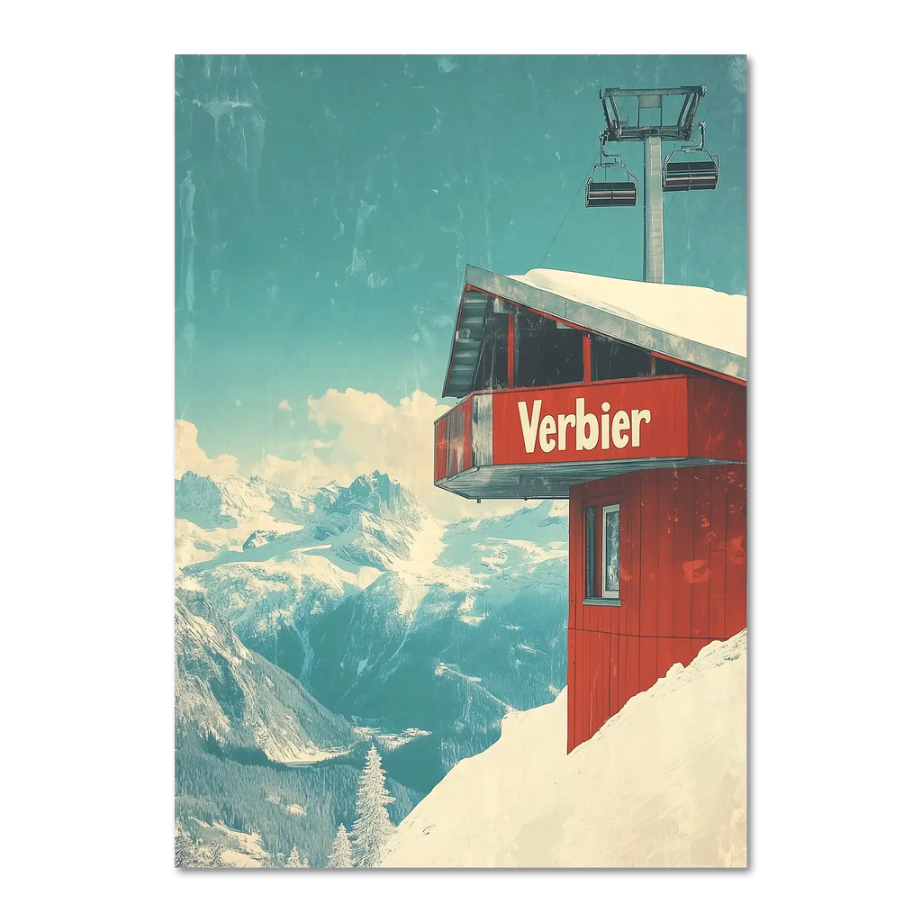 Verbier - Gondola View - Poster featuring a red gondola station on a snowy mountain with blue skies and distant peaks.
