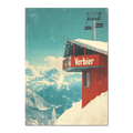 Verbier - Gondola View - Poster featuring a red gondola station on a snowy mountain with blue skies and distant peaks.