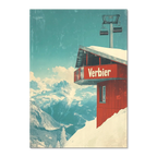 Verbier - Gondola View - Poster featuring a red gondola station on a snowy mountain with blue skies and distant peaks.