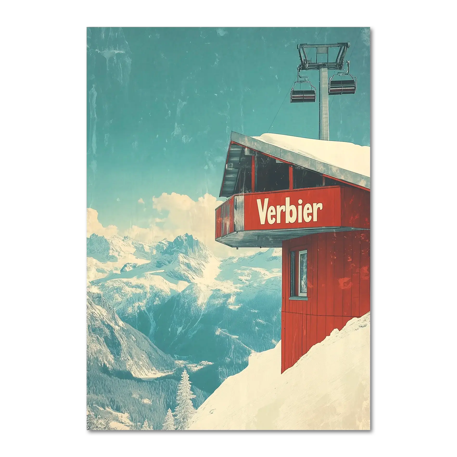 Verbier - Gondola View - Poster featuring a red gondola station on a snowy mountain with blue skies and distant peaks.