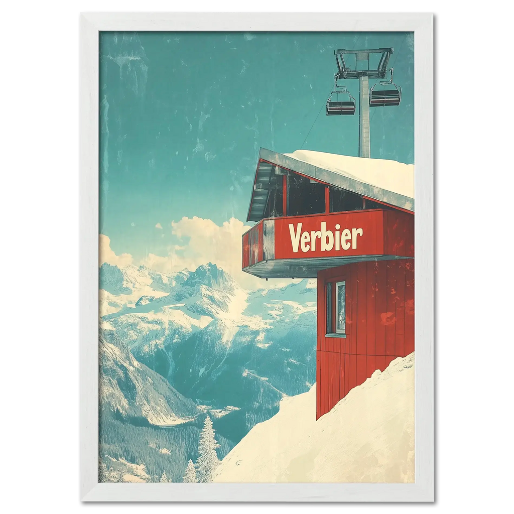 Verbier - Gondola View - Poster featuring a red gondola station on a snowy mountain with stunning alpine scenery.