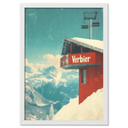 Verbier - Gondola View - Poster featuring a red gondola station on a snowy mountain with stunning alpine scenery.