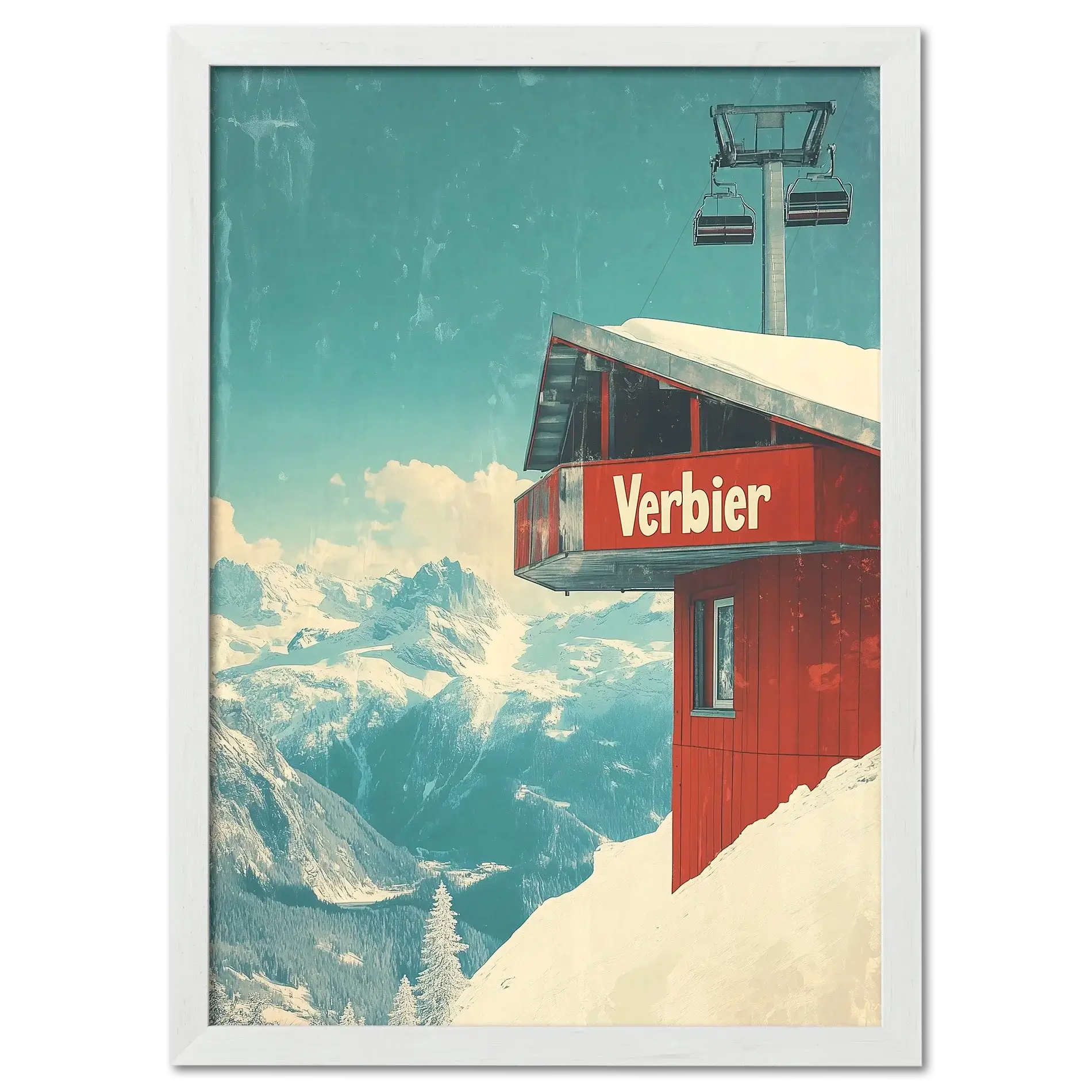 Verbier - Gondola View - Poster featuring a red gondola station on a snowy mountain with stunning alpine scenery.