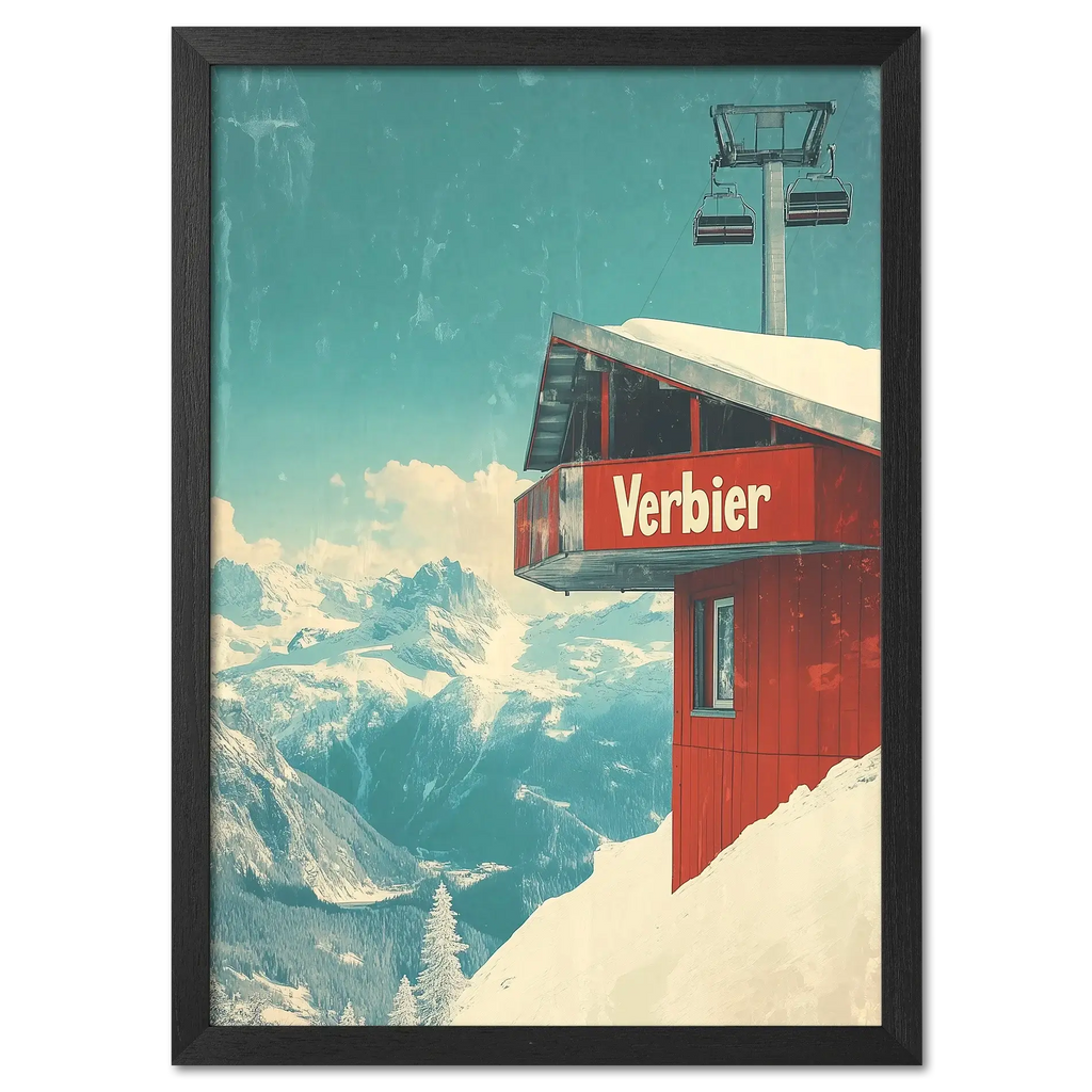 Verbier - Gondola View - Poster featuring a red gondola station on a snowy mountain.