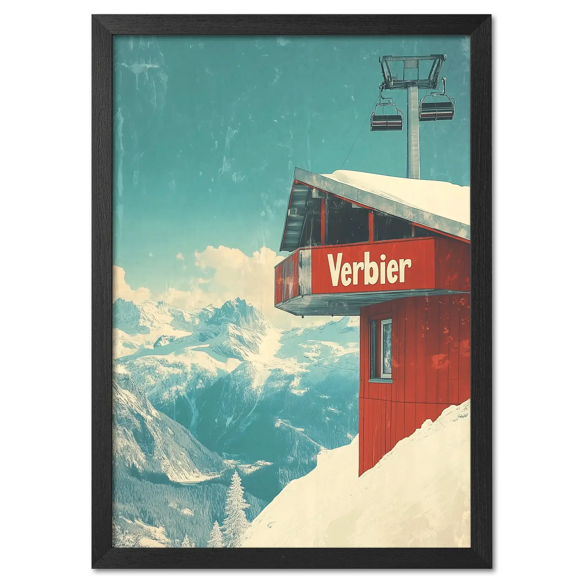 Verbier - Gondola View - Poster featuring a red gondola station on a snowy mountain.