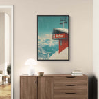 Verbier - Gondola View - Poster featuring a red gondola station on a snowy mountain, ideal wall art for alpine enthusiasts.