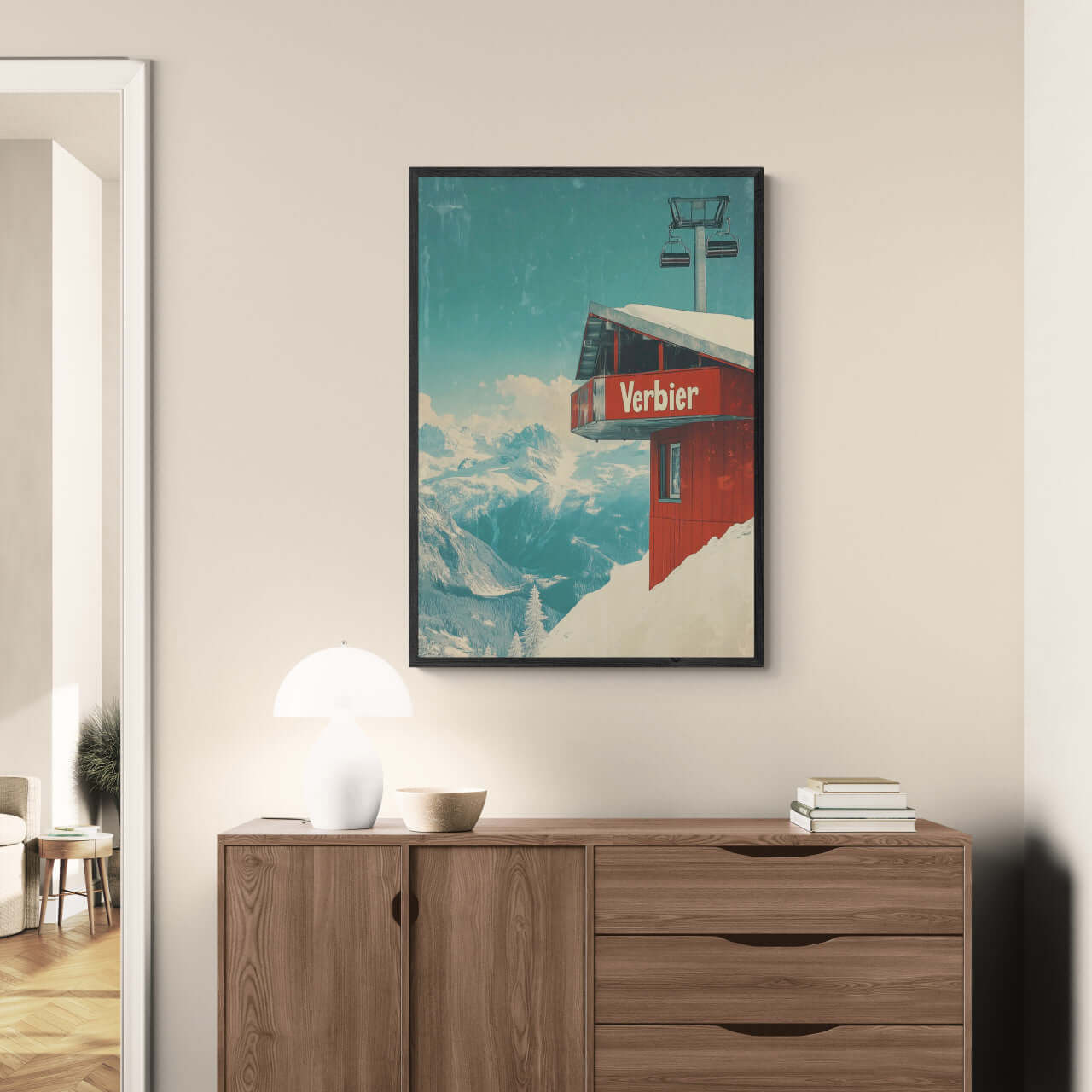 Verbier - Gondola View - Poster featuring a red gondola station on a snowy mountain, ideal wall art for alpine enthusiasts.