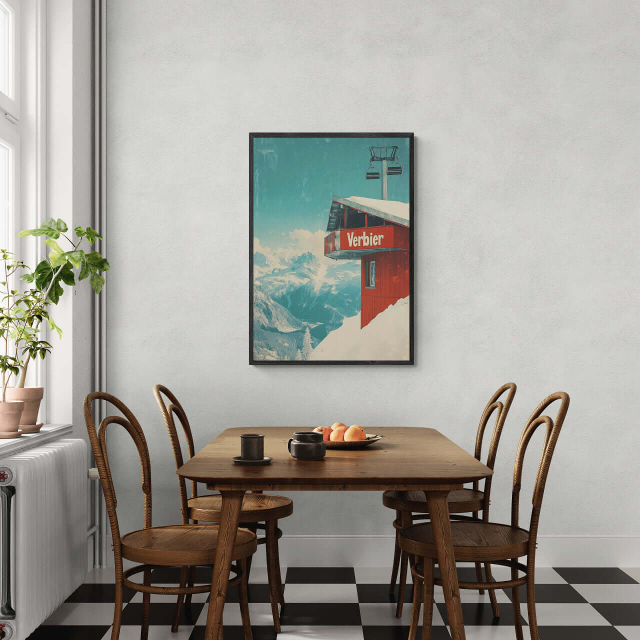 Verbier - Gondola View - Poster hanging in a dining room, showcasing a red gondola against snowy mountain backdrop.