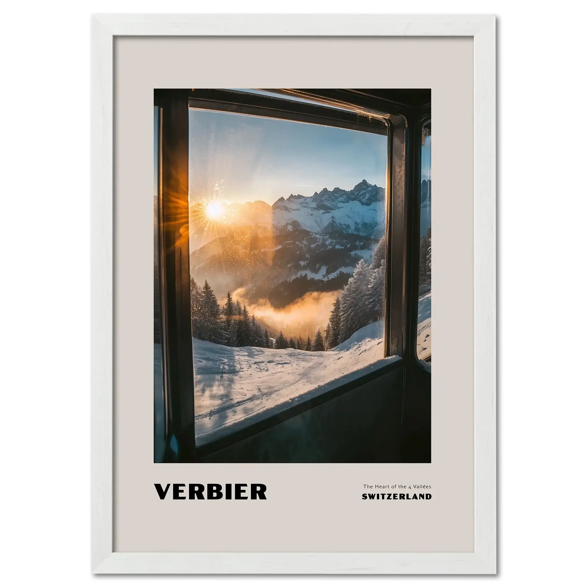 Verbier - The Heart of the 4 Vallées - Poster showcasing a sunrise over snowy mountains framed by a mountain lift window.