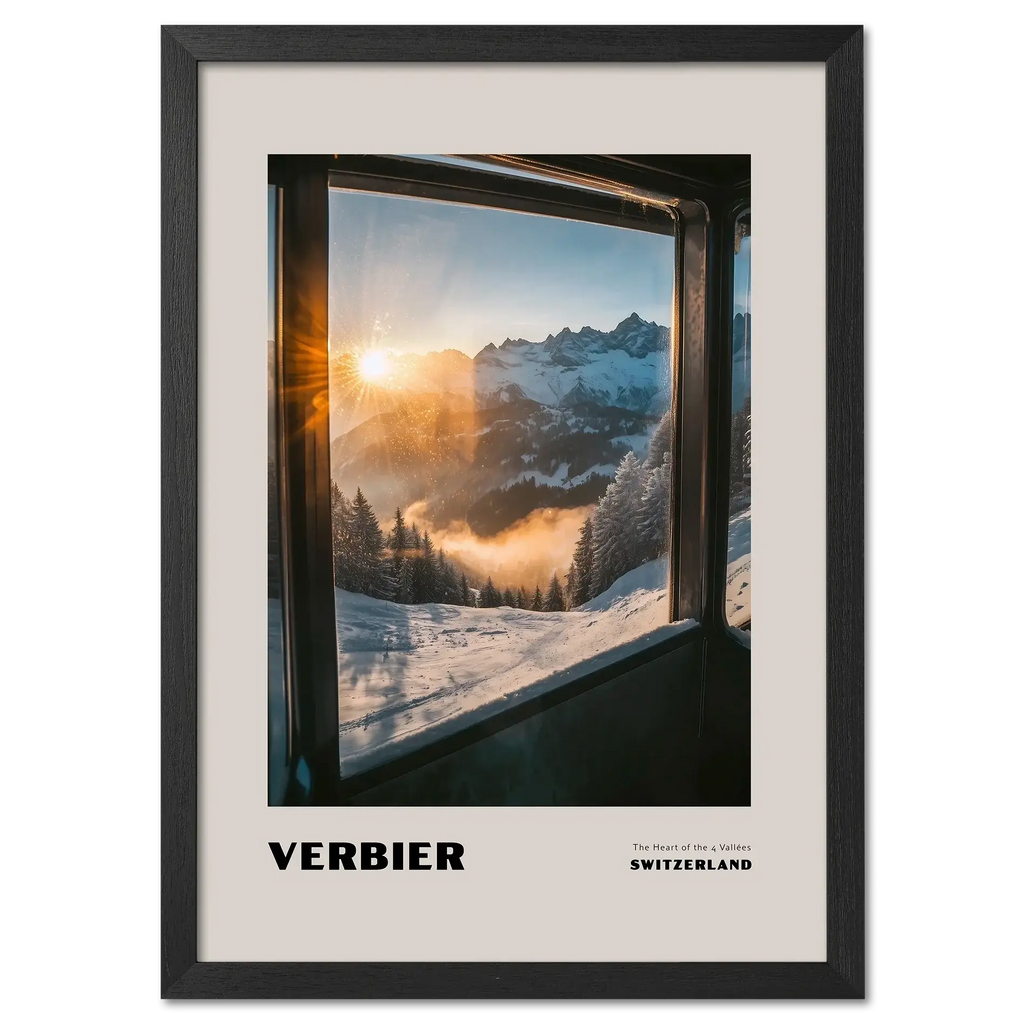 Verbier - The Heart of the 4 Vallées - Poster showcasing sunrise over snowy mountains seen from a mountain lift window.